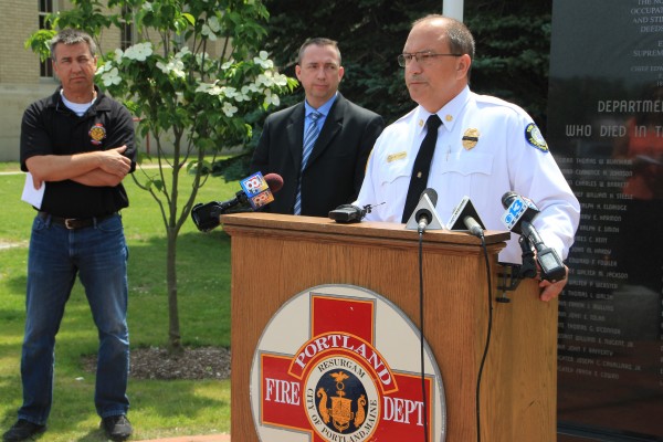 Portland Fire Department Chief Jerry LaMoria, right, said an investigation into the cause of 43-year-old Capt. Michael LaMoria's death during a diving accident Monday is still underway. Police Chief Michael Sauschuk, middle, and John Brooks, president of the Portland Firefighters Union Local 740, also spoke during the Tuesday press conference. Portland Fire Department Chief Jerry LaMoria, right, said an investigation into the cause of 43-year-old Capt. Michael LaMoria's death during a diving accident Monday is still underway. Police Chief Michael Sauschuk, middle, and John Brooks, president of the Portland Firefighters Union Local 740, also spoke during the Tuesday press conference.
