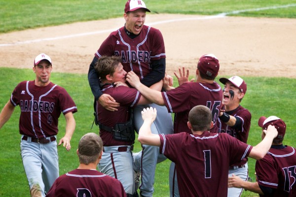 The Washington Academy Raiders celebrate on the field at St. Joseph's College in Standish after defeating Sacopee Valley High School for the State Class C Baseball Championship on Saturday. The Washington Academy Raiders celebrate on the field at St. Joseph's College in Standish after defeating Sacopee Valley High School for the State Class C Baseball Championship on Saturday.
