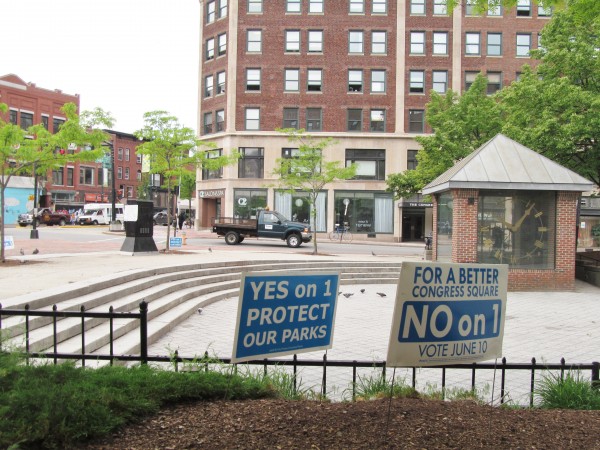 Campaign signs surround Congress Square on Tuesday as Portland residents take to the polls to decide the fate of the public space. Campaign signs surround Congress Square on Tuesday as Portland residents take to the polls to decide the fate of the public space.