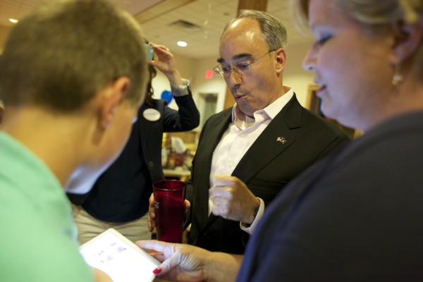 Bruce Poliquin, former state treasurer, gets excited at Dysart's on Broadway in Bangor after checking early results during the 2nd Congressional District Republican primary. Bruce Poliquin, former state treasurer, gets excited at Dysart's on Broadway in Bangor after checking early results during the 2nd Congressional District Republican primary.