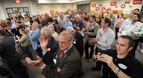 People applaud during a rally for Republican politicians who are running for re-election or office at Husson University in Bangor Friday morning. People applaud during a rally for Republican politicians who are running for re-election or office at Husson University in Bangor Friday morning.
