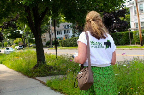 Lisa Smith of Falmouth, a volunteer for Mainers for Fair Bear Hunting, travels door to door in Portland on Aug. 10, 2014, to encourage voters to vote "yes" on Question 1, a referendum to ban the use of bait, hounds and traps in black bear hunting in Maine, which is appear on the Nov. 14 ballot. Lisa Smith of Falmouth, a volunteer for Mainers for Fair Bear Hunting, travels door to door in Portland on Aug. 10, 2014, to encourage voters to vote "yes" on Question 1, a referendum to ban the use of bait, hounds and traps in black bear hunting in Maine, which is appear on the Nov. 14 ballot.