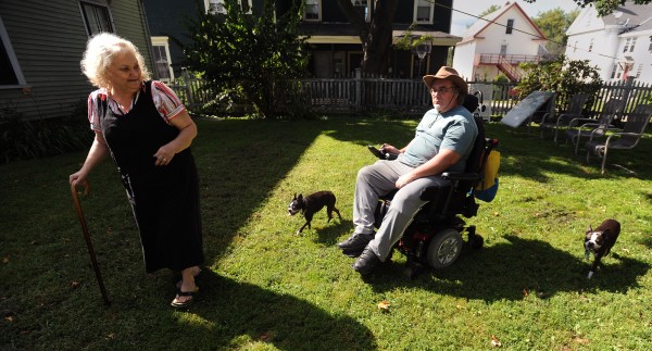 Claire El-Hajj, 63, and her husband Lonnie El-Hajj, 60, met in 2011 when Lonnie asked Claire about her dogs in a Bangor park. They are both disabled. Claire has been unable to work because she has multiple sclerosis and Lonnie has to use a wheelchair due to a stroke he suffered in his late 40's. They have to make ends meet on money they receive through Social Security disability insurance. Claire El-Hajj, 63, and her husband Lonnie El-Hajj, 60, met in 2011 when Lonnie asked Claire about her dogs in a Bangor park. They are both disabled. Claire has been unable to work because she has multiple sclerosis and Lonnie has to use a wheelchair due to a stroke he suffered in his late 40's. They have to make ends meet on money they receive through Social Security disability insurance.