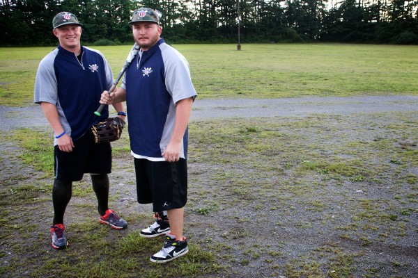 Josh Wege (left) and Rick Will of the Wounded Warrior Amputee Softball Team stand in the parking lot of The Ballpark in Old Orchard Beach on Thursday night. Josh Wege (left) and Rick Will of the Wounded Warrior Amputee Softball Team stand in the parking lot of The Ballpark in Old Orchard Beach on Thursday night.