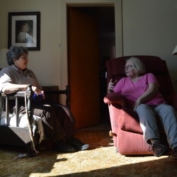 Wendy Sabattis, left, and Susan McPherson chat at McPherson's home in Westfield recently. Sabattis is a dispatcher with the Aroostook County Sheriff's Office, and McPherson participates in the law enforcement agency's Friendly Caller Program. They met for the first time in March.
