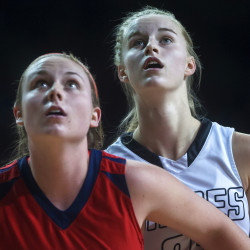 Gray-New Gloucester’s Skye Conley (left) and Houlton’s Kolleen Bouchard watch to see if a free throw drops during Houlton’s win in the Class B state final last season at the Cross Insurance Center in Bangor. Bouchard, a junior guard, averaged 20.7 points and 9 rebounds a game last season and is one of the top 10 players to watch this season in the North.